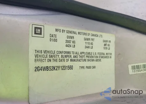 2000 Buick Regal Ls from USA, damaged, VIN 2G4WB52K2Y1231560